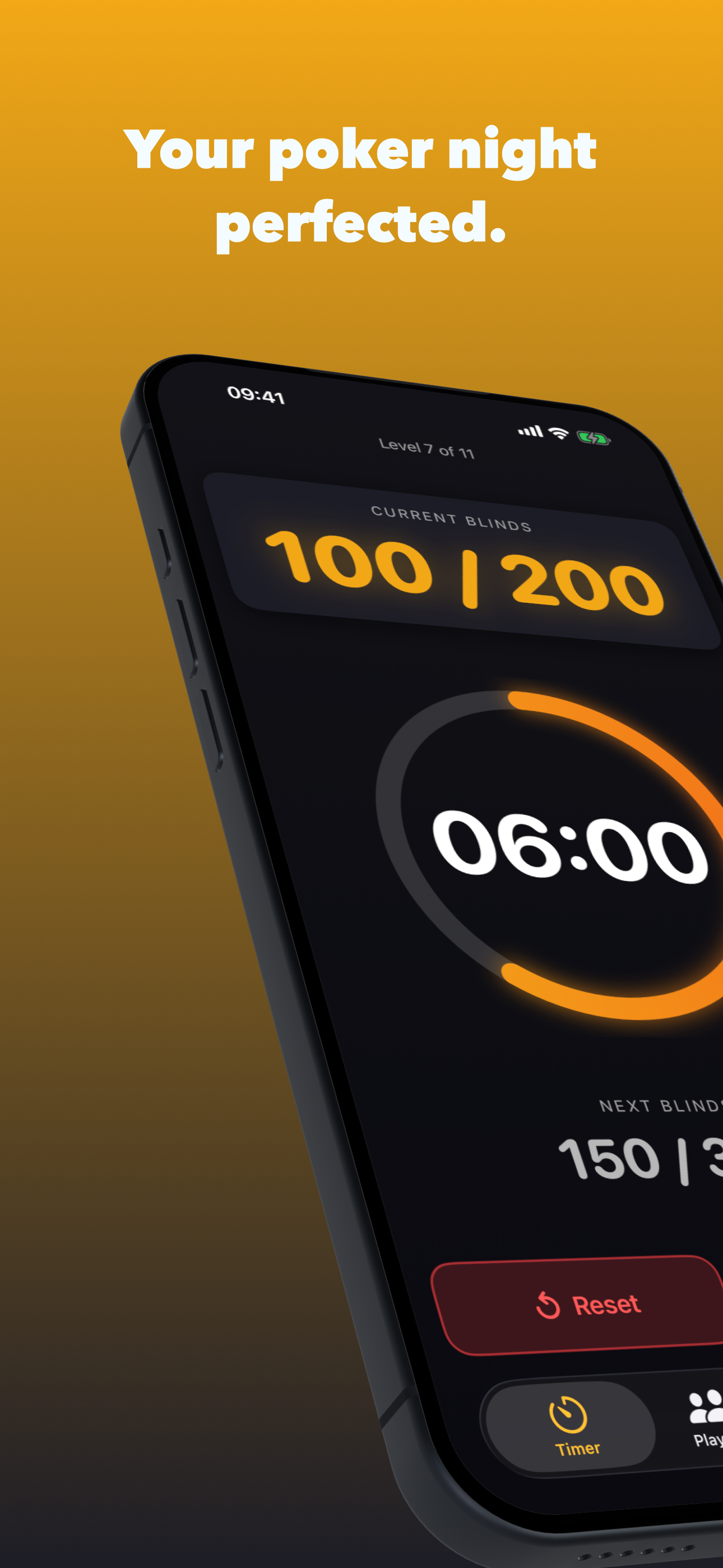 Timer with current blinds 100/200, countdown, and next blinds