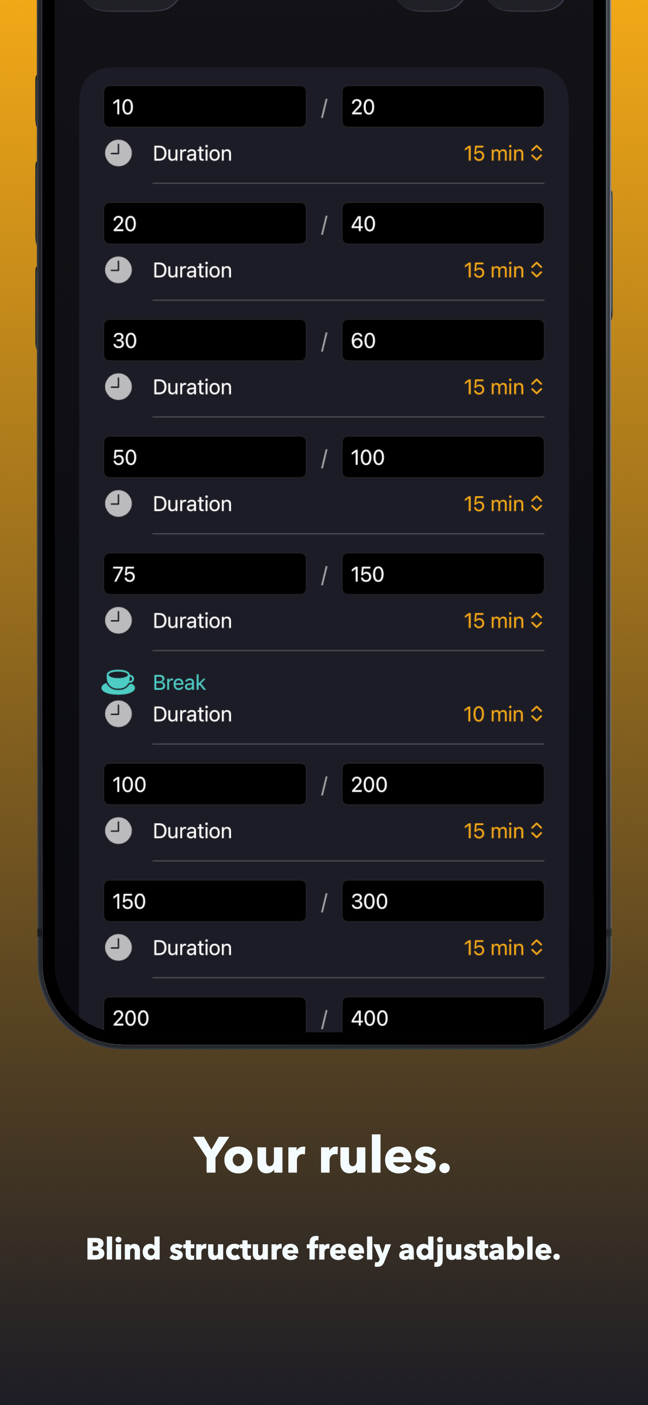 Settings with tournament presets, buy-in, and currency